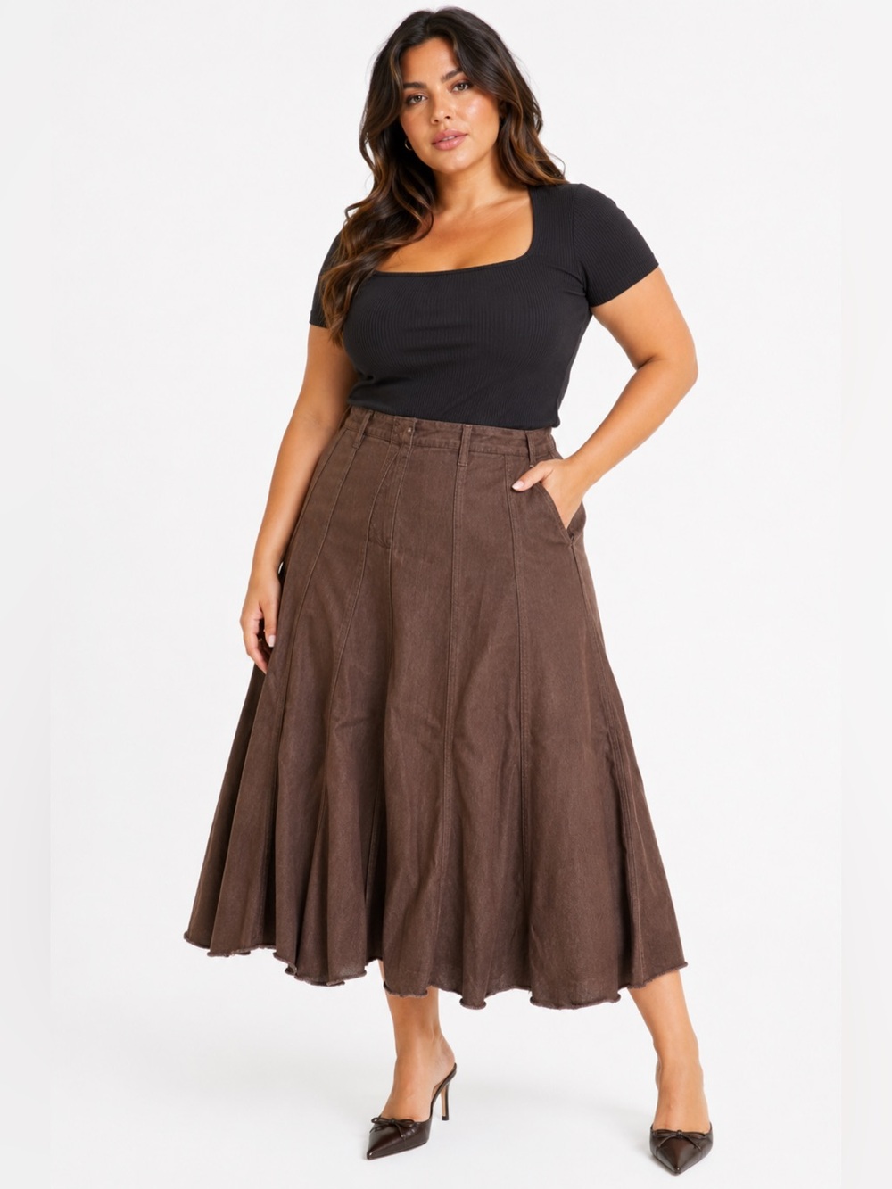 90s/Y2K Vintage Cato Tiered Cotton A-Line Midi Skirt (Chocolate Brown) Size 16W